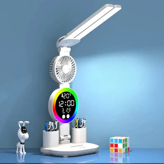 LED Table Lamp with Fan And Clock Display Reading Desk Light