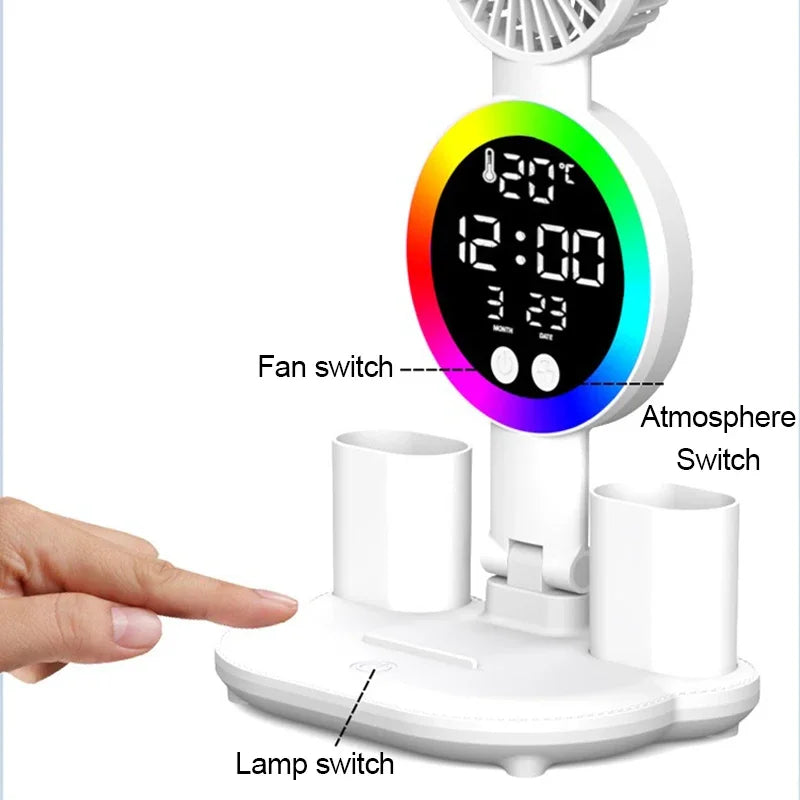 LED Table Lamp with Fan And Clock Display Reading Desk Light