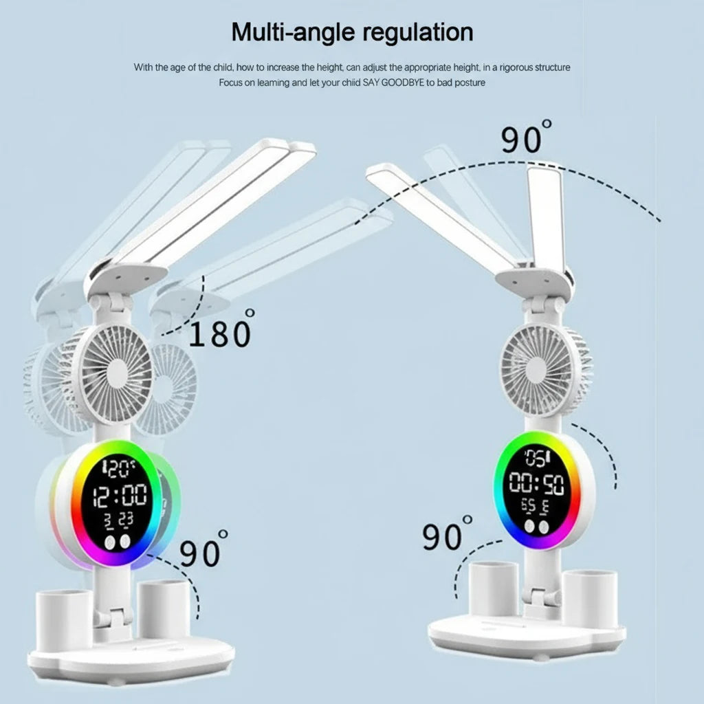 LED Table Lamp with Fan And Clock Display Reading Desk Light